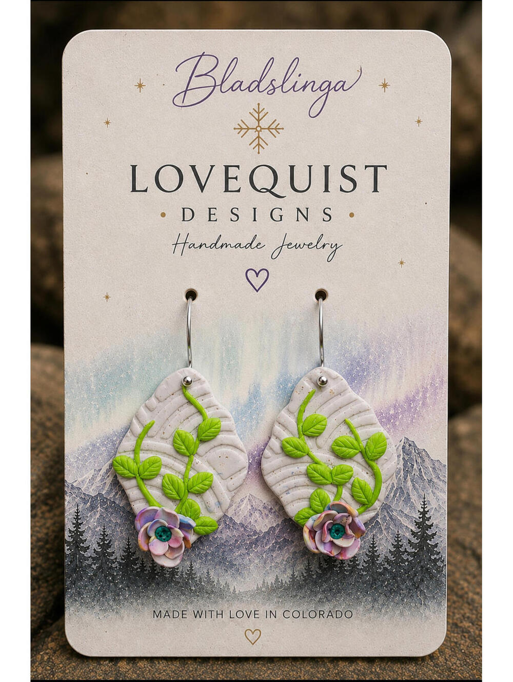 Bladros | Sculpted Vine and Rose Polymer Clay Statement Earrings